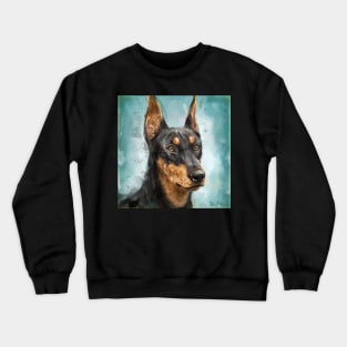 Contemporary Painting of a Black and Gold Doberman Pinscher on Blue Background Crewneck Sweatshirt